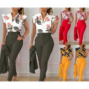 Summer Fashion Print 2 Piece Set Women Casual Button Flying Sleeve Shirt Pants Suits Female V-Neck Top High Waist Pants Outifits - laurichshop