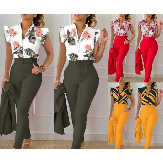 Summer Fashion Print 2 Piece Set Women Casual Button Flying Sleeve Shirt Pants Suits Female V-Neck Top High Waist Pants Outifits - laurichshop