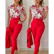 Summer Fashion Print 2 Piece Set Women Casual Button Flying Sleeve Shirt Pants Suits Female V-Neck Top High Waist Pants Outifits - laurichshop