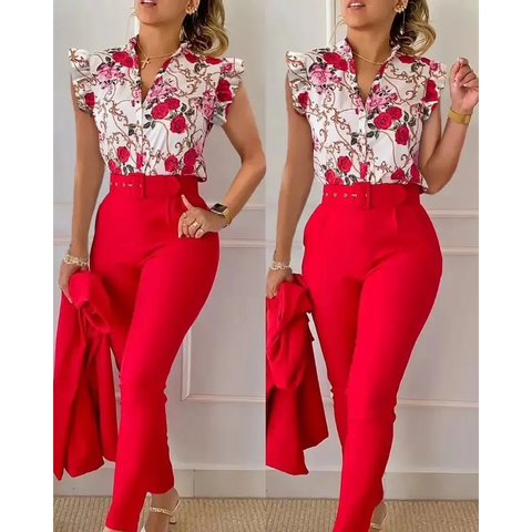 Summer Fashion Print 2 Piece Set Women Casual Button Flying Sleeve Shirt Pants Suits Female V-Neck Top High Waist Pants Outifits - laurichshop