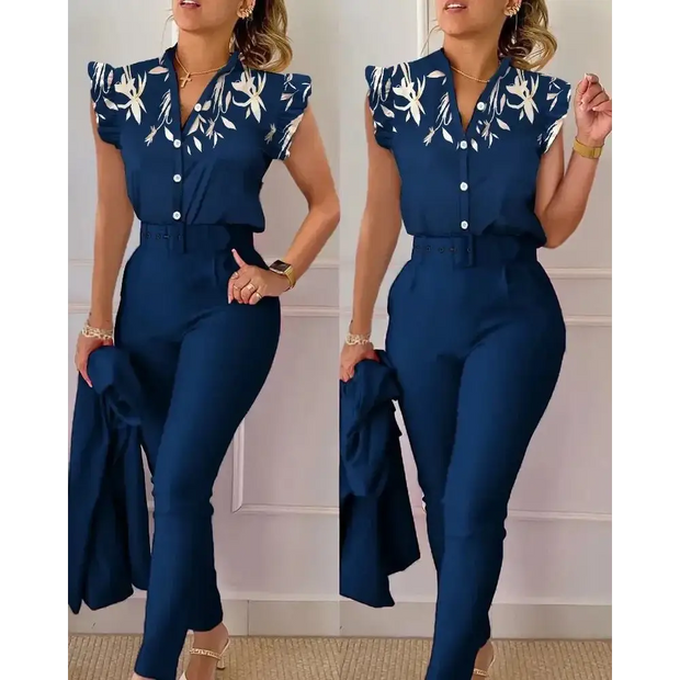 Summer Fashion Print 2 Piece Set Women Casual Button Flying Sleeve Shirt Pants Suits Female V-Neck Top High Waist Pants Outifits - laurichshop