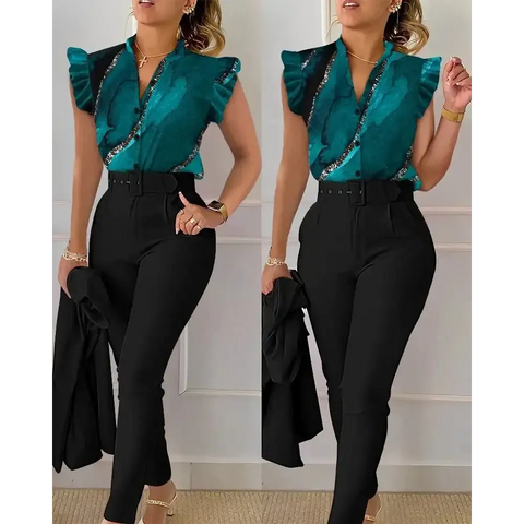 Summer Fashion Print 2 Piece Set Women Casual Button Flying Sleeve Shirt Pants Suits Female V-Neck Top High Waist Pants Outifits - laurichshop