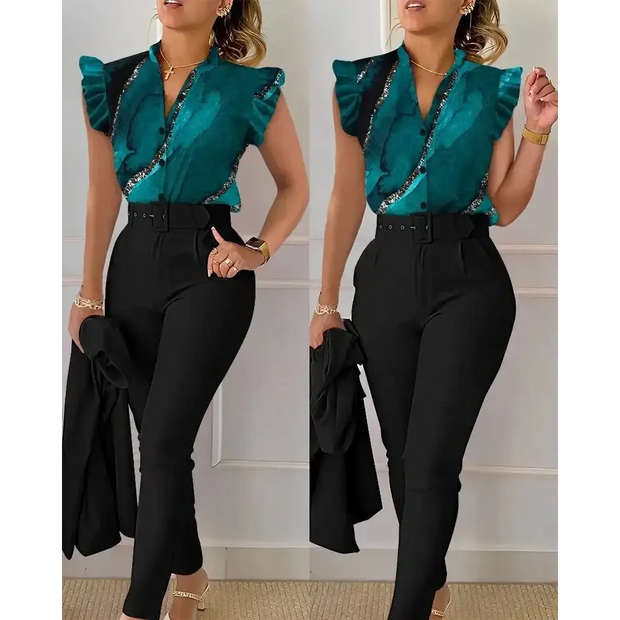 Summer Fashion Print 2 Piece Set Women Casual Button Flying Sleeve Shirt Pants Suits Female V-Neck Top High Waist Pants Outifits - laurichshop