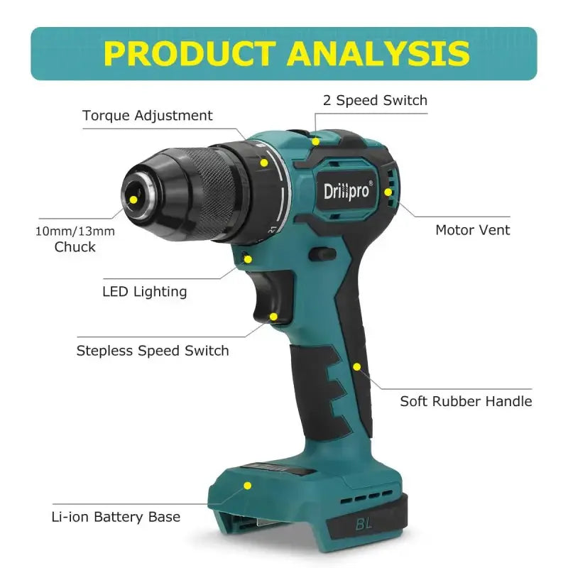 Drillpro Brushless Electric Screwdriver Hammer Drill 13mm 10mm 21 + 1 Torque Cordless for Makita 18V Battery - Smart