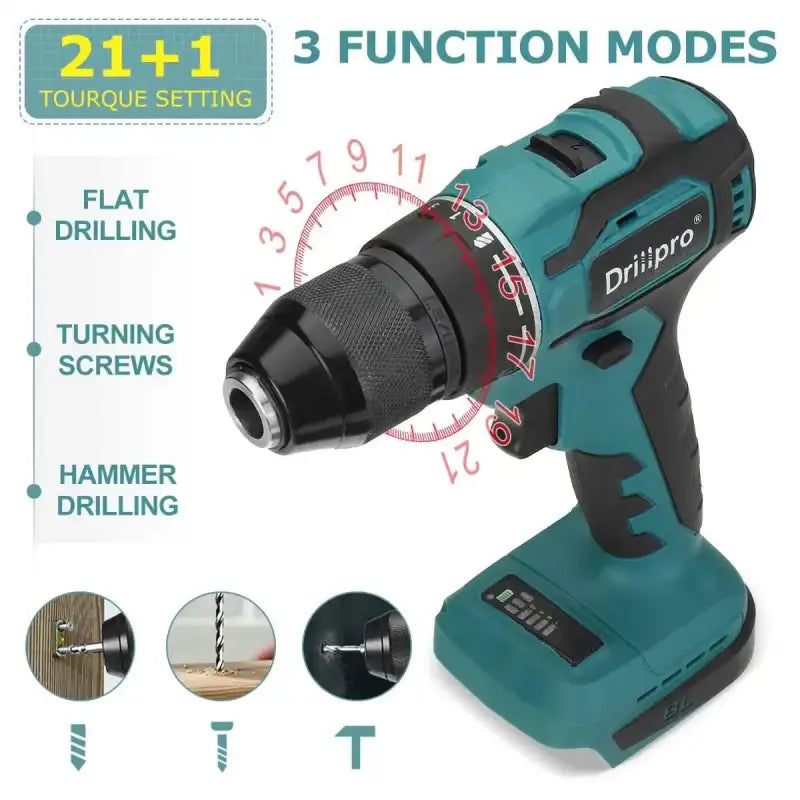 Drillpro Brushless Electric Screwdriver Hammer Drill 13mm 10mm 21 + 1 Torque Cordless for Makita 18V Battery - Smart