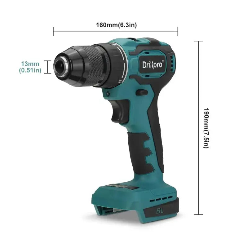 Drillpro Brushless Electric Screwdriver Hammer Drill 13mm 10mm 21 + 1 Torque Cordless for Makita 18V Battery - Without