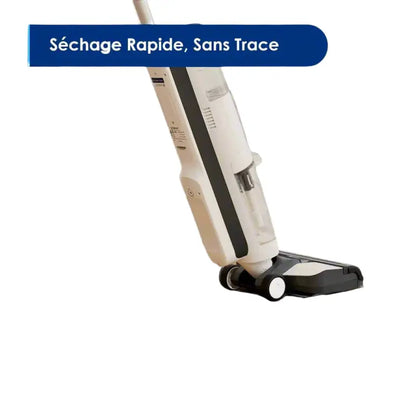 Person using a handheld vacuum cleaner on a white background with text 'Séchage Rapide, Sans Trace
