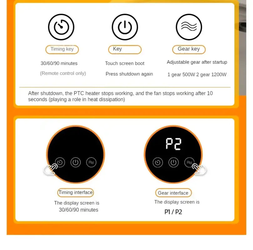 Two Gears Time-able 1200 W Remote Control Desk Heater for Room LCD Touch Screen Display