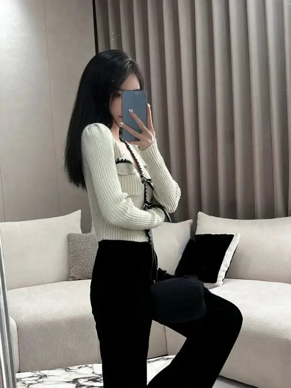 Elegant Knitted Pullover Office Lady 2022 Autumn Casual Long Sleeve Y2k Clothing V-neck Korean Style Fashion Slim Blouse Woman - laurichshop