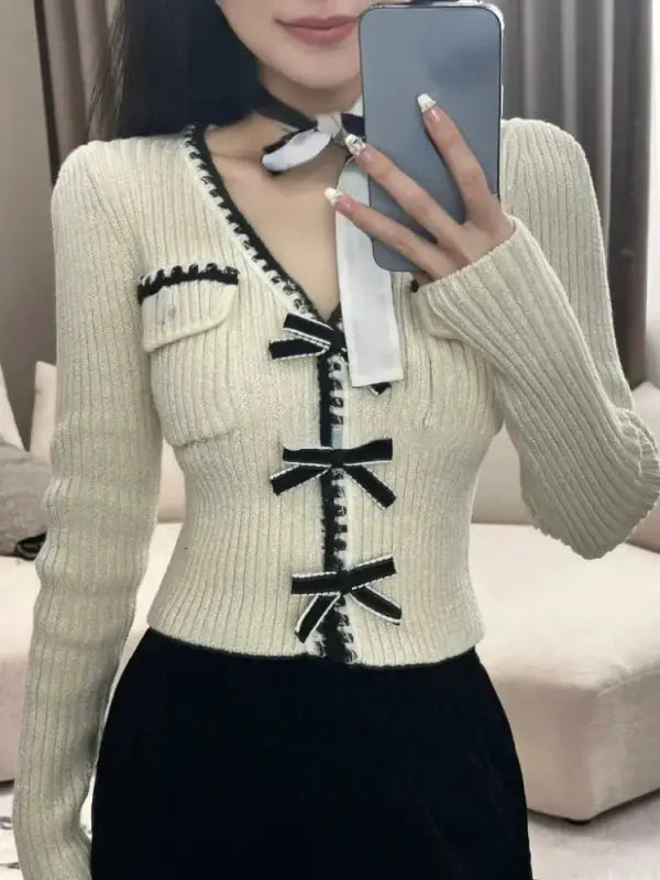 Elegant Knitted Pullover Office Lady 2022 Autumn Casual Long Sleeve Y2k Clothing V-neck Korean Style Fashion Slim Blouse Woman - laurichshop