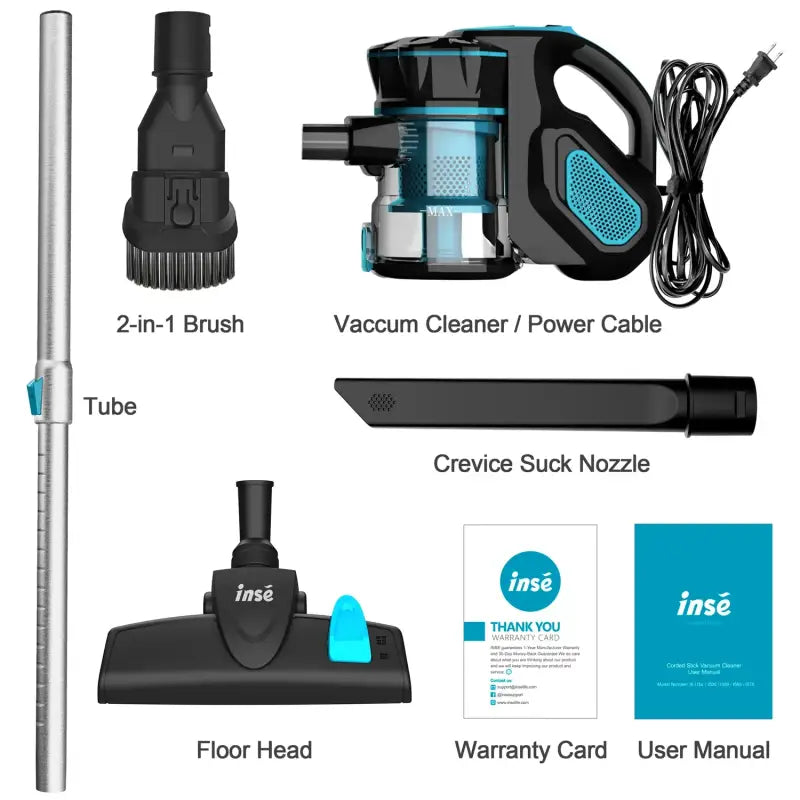 Blue and black cordless vacuum with dust box, suction nozzle and attachments