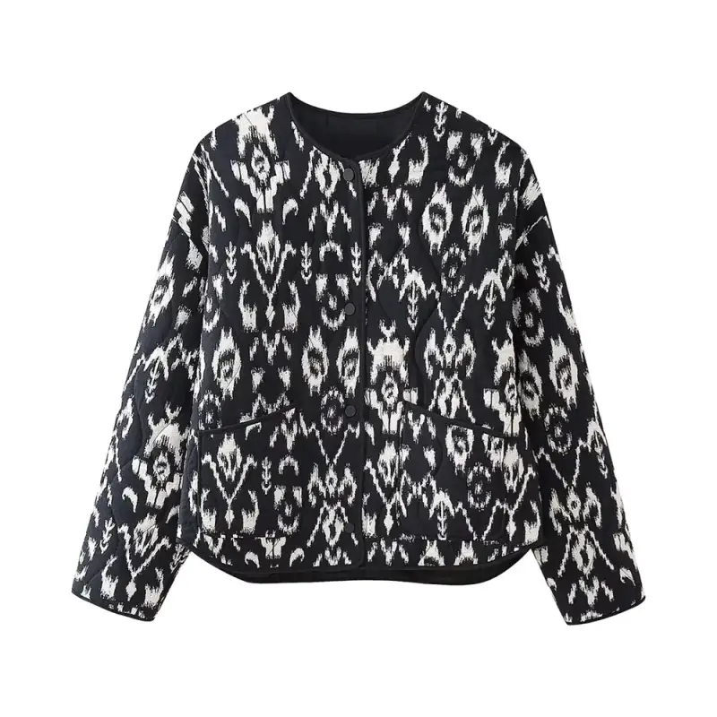 Black and white ikat patterned sweater in versatile printed quilted round jacket coat