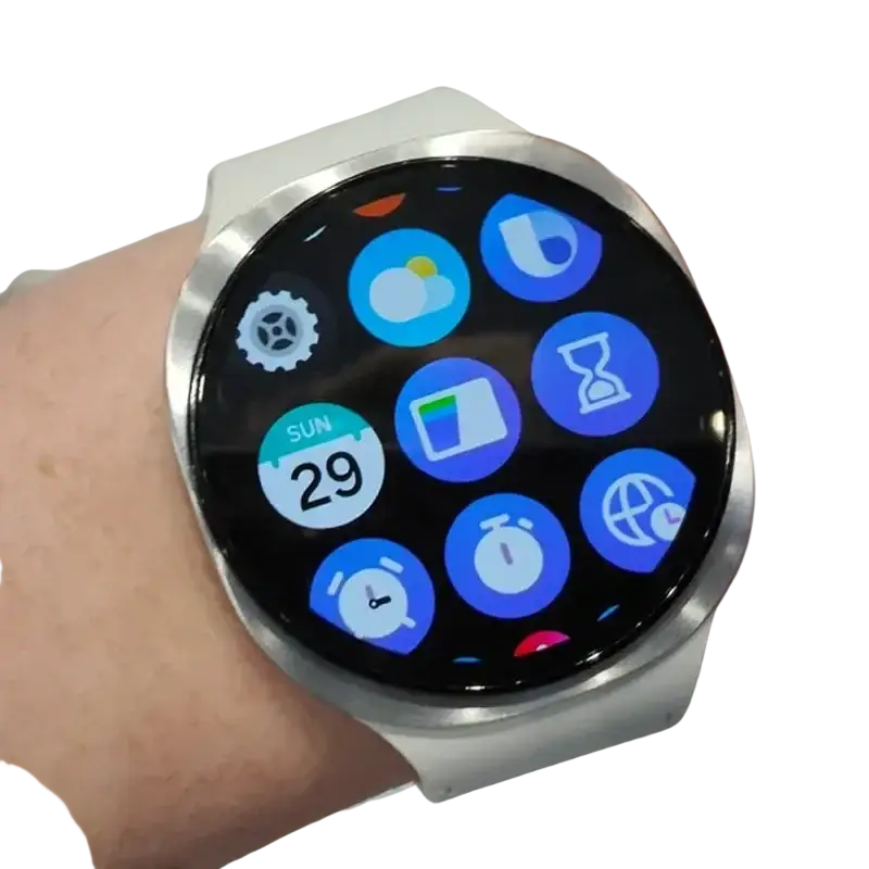 Silver Samsung smartwatch with long battery life and colorful icons