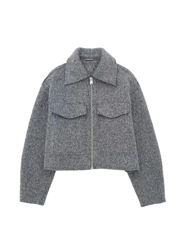 Vintage long sleeve Grey Front Zipper Jackets Outfits laurichshop