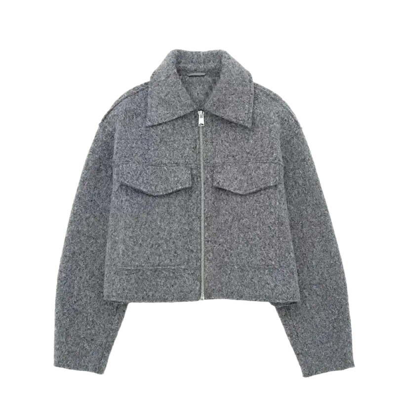 Vintage long sleeve Grey Front Zipper Jackets Outfits laurichshop