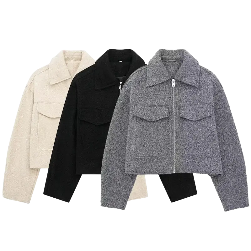 Vintage long sleeve Grey Front Zipper Jackets Outfits