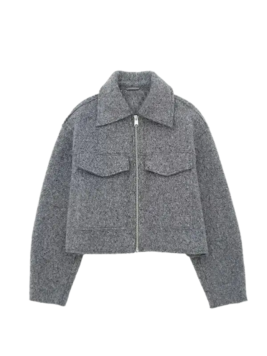 Vintage long sleeve Grey Front Zipper Jackets Outfits laurichshop