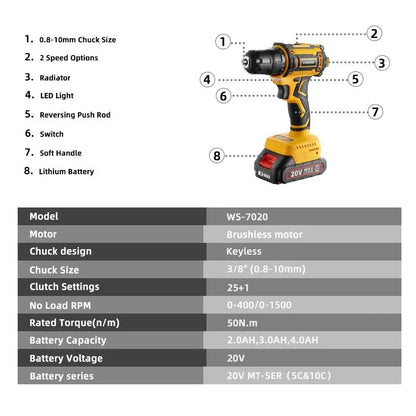 VVOSAI 20V Brushless Electric Drill 50NM Cordless Screwdriver Lithium-Ion Battery Mini Electric Power Screwdriver MT-Series Tool - laurichshop