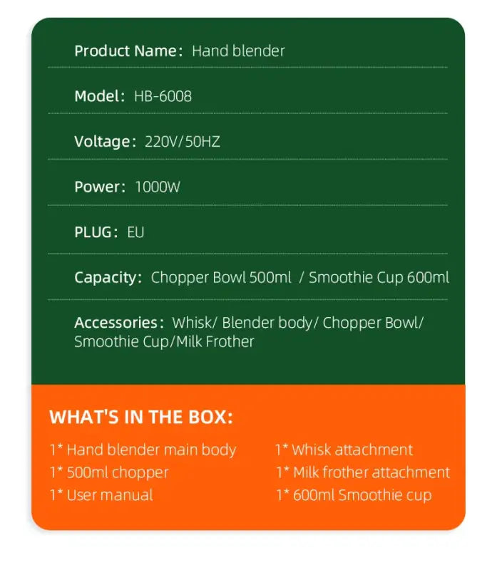 Wancle Electric Immersion Hand Blender Mixer 1000W 5 in 1 - HB-6008-5 in 1 / EU Plug / 5 in 1 | CHINA