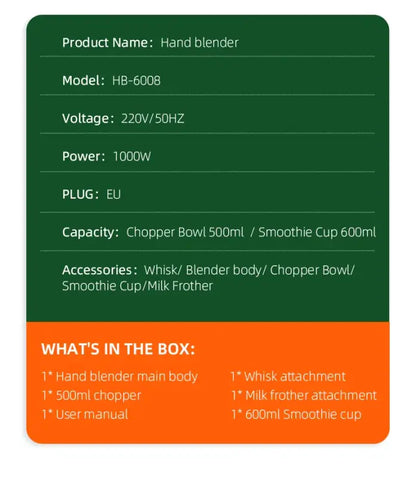 Wancle Electric Immersion Hand Blender Mixer 1000W 5 in 1 - HB-6008-5 in 1 / EU Plug / 5 in 1 | CHINA