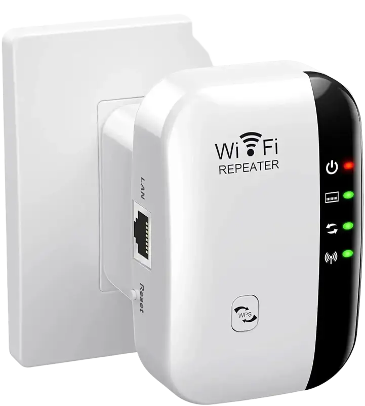 White and black Wi-Fi extender with high transmission rate and green lights