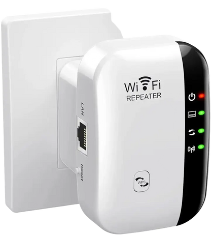 White and black Wi-Fi extender with high transmission rate and green lights