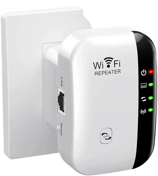 White and black Wi-Fi extender with high transmission rate and green lights