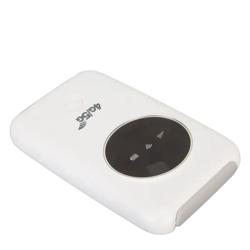 White portable 4G 5G WiFi modem with SIM card support and circular display