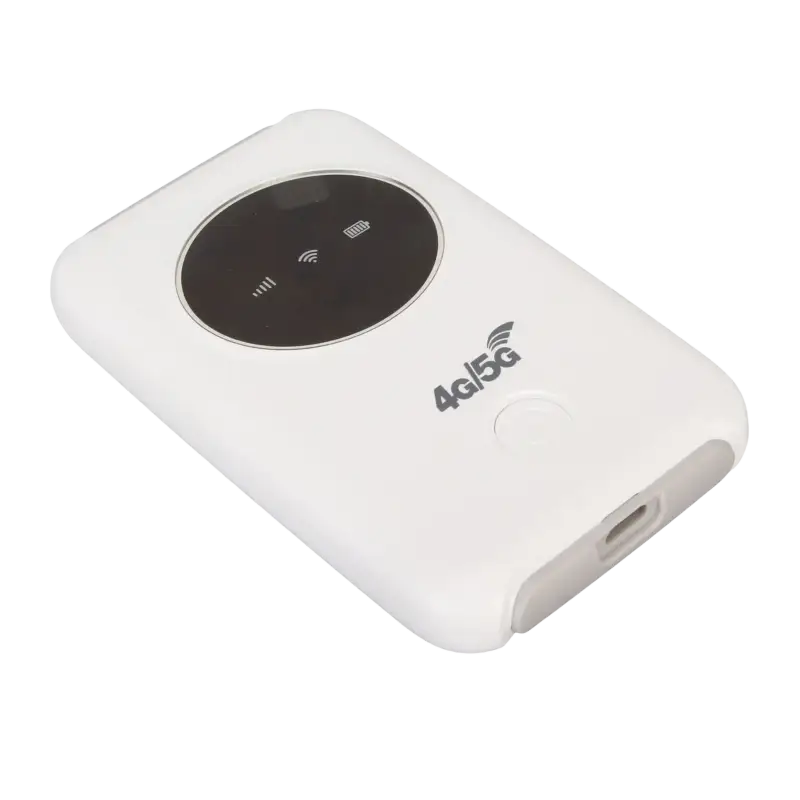 White portable 4G 5G WiFi modem with SIM card support and circular display