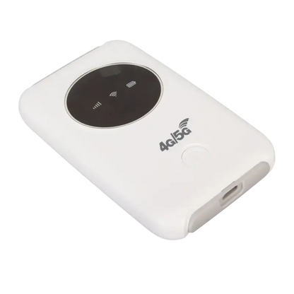 White portable 4G 5G WiFi modem with SIM card support and circular display