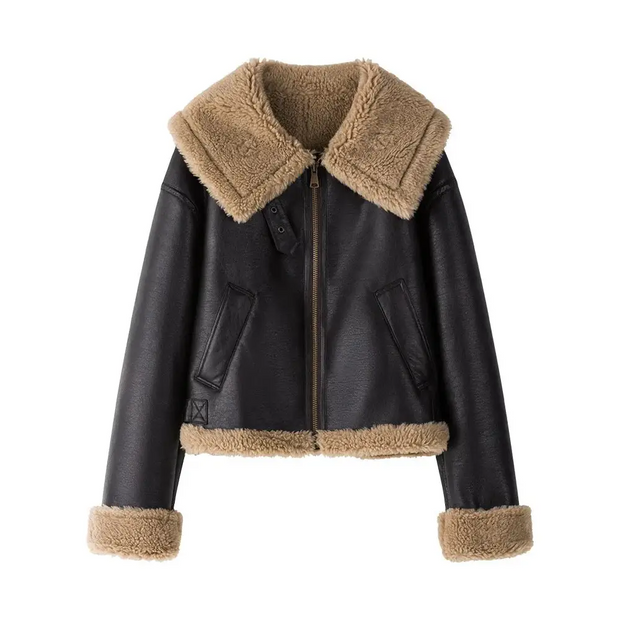 FSLE Retro Motorcycle Style Lamb Wool Large Lapel Leather Jacket for Women 2023 New Winter Cool Loose Short Jacket Coats Female - laurichshop