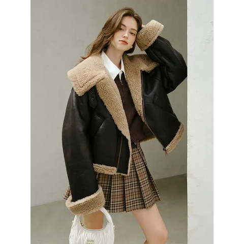 FSLE Retro Motorcycle Style Lamb Wool Large Lapel Leather Jacket for Women 2023 New Winter Cool Loose Short Jacket Coats Female - laurichshop