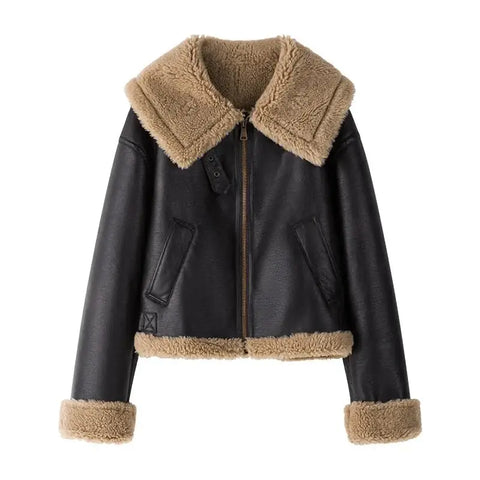 FSLE Retro Motorcycle Style Lamb Wool Large Lapel Leather Jacket for Women 2023 New Winter Cool Loose Short Jacket Coats Female - laurichshop