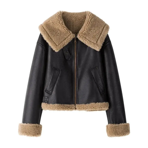 FSLE Retro Motorcycle Style Lamb Wool Large Lapel Leather Jacket for Women 2023 New Winter Cool Loose Short Jacket Coats Female - laurichshop