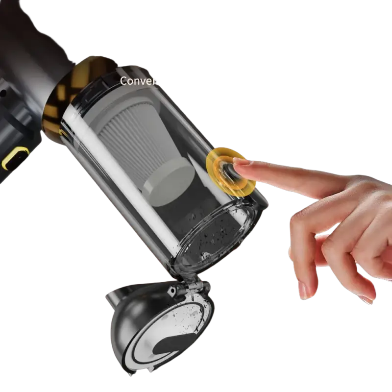 Transparent dustbin with yellow lid on portable wireless car vacuum cleaner