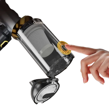 Transparent dustbin with yellow lid on portable wireless car vacuum cleaner