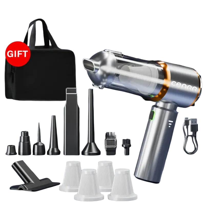 Silver and black wireless portable vacuum cleaner for car and home