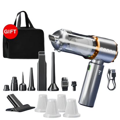 Silver and black wireless portable vacuum cleaner for car and home