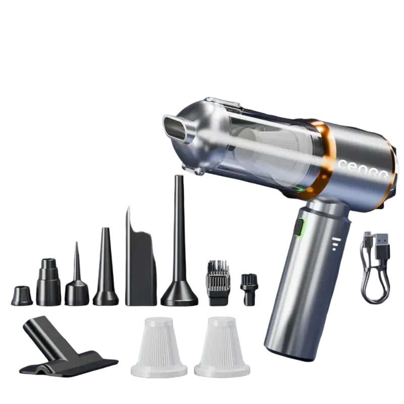 Silver and black portable wireless vacuum cleaner with attachments for car and home