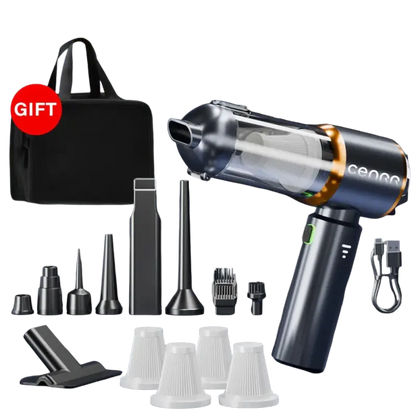 Portable wireless vacuum cleaner with black silver attachments for home car