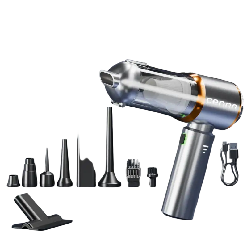 Silver and black wireless portable vacuum cleaner with attachments for home and car