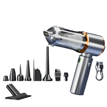 Silver and black wireless portable vacuum cleaner with attachments for home and car