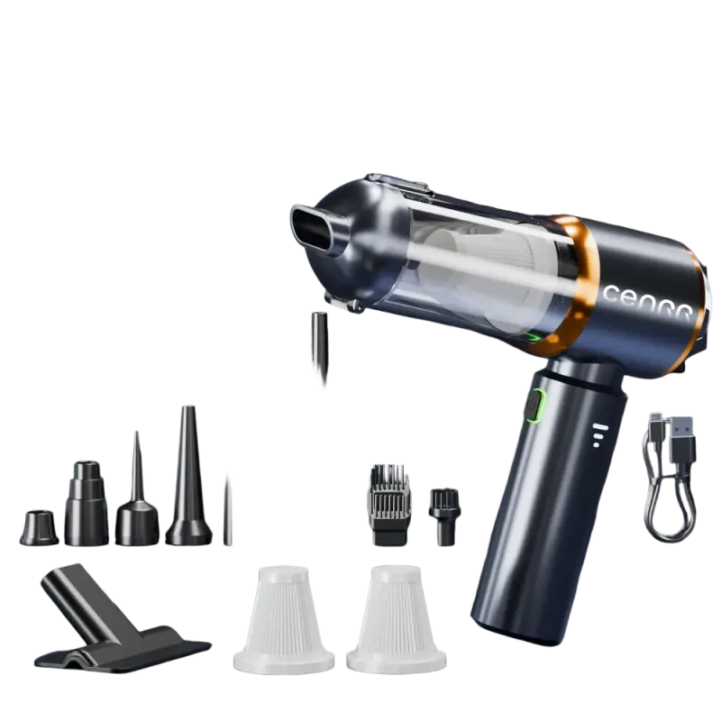 Black and silver wireless portable vacuum cleaner with attachments for home and car