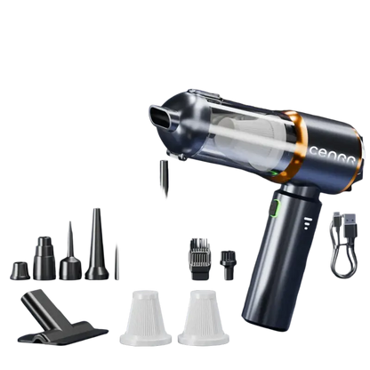 Black and silver wireless portable vacuum cleaner with attachments for home and car