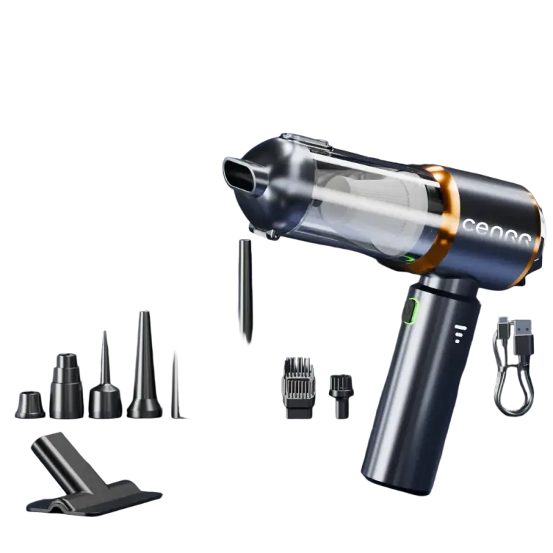 Sleek black Cenrr wireless portable vacuum cleaner with attachments for home and car