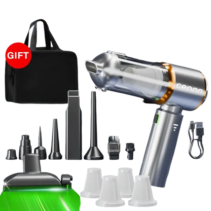 Silver and black portable vacuum cleaner with attachments and green light for home and car cleaning
