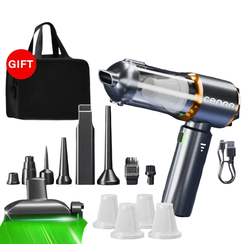 Silver and black wireless portable vacuum cleaner with attachments and green light for home and car cleaning