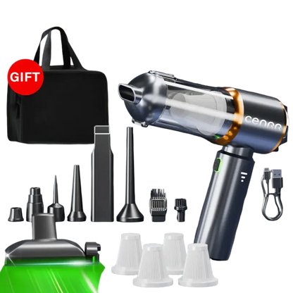 Silver and black wireless portable vacuum cleaner with attachments and green light for home and car cleaning
