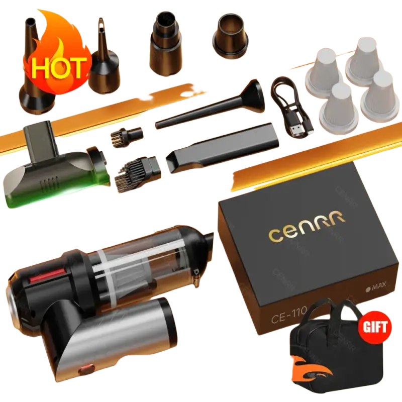 Wireless portable car vacuum cleaner with black silver design and attachments