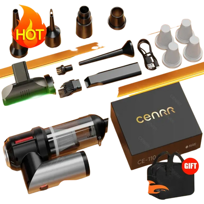 Wireless portable car vacuum cleaner with black silver design and attachments